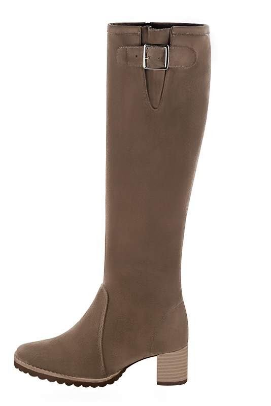 Chocolate brown women's knee-high boots with buckles. Round toe. Medium block heels. Made to measure. Profile view - Florence KOOIJMAN